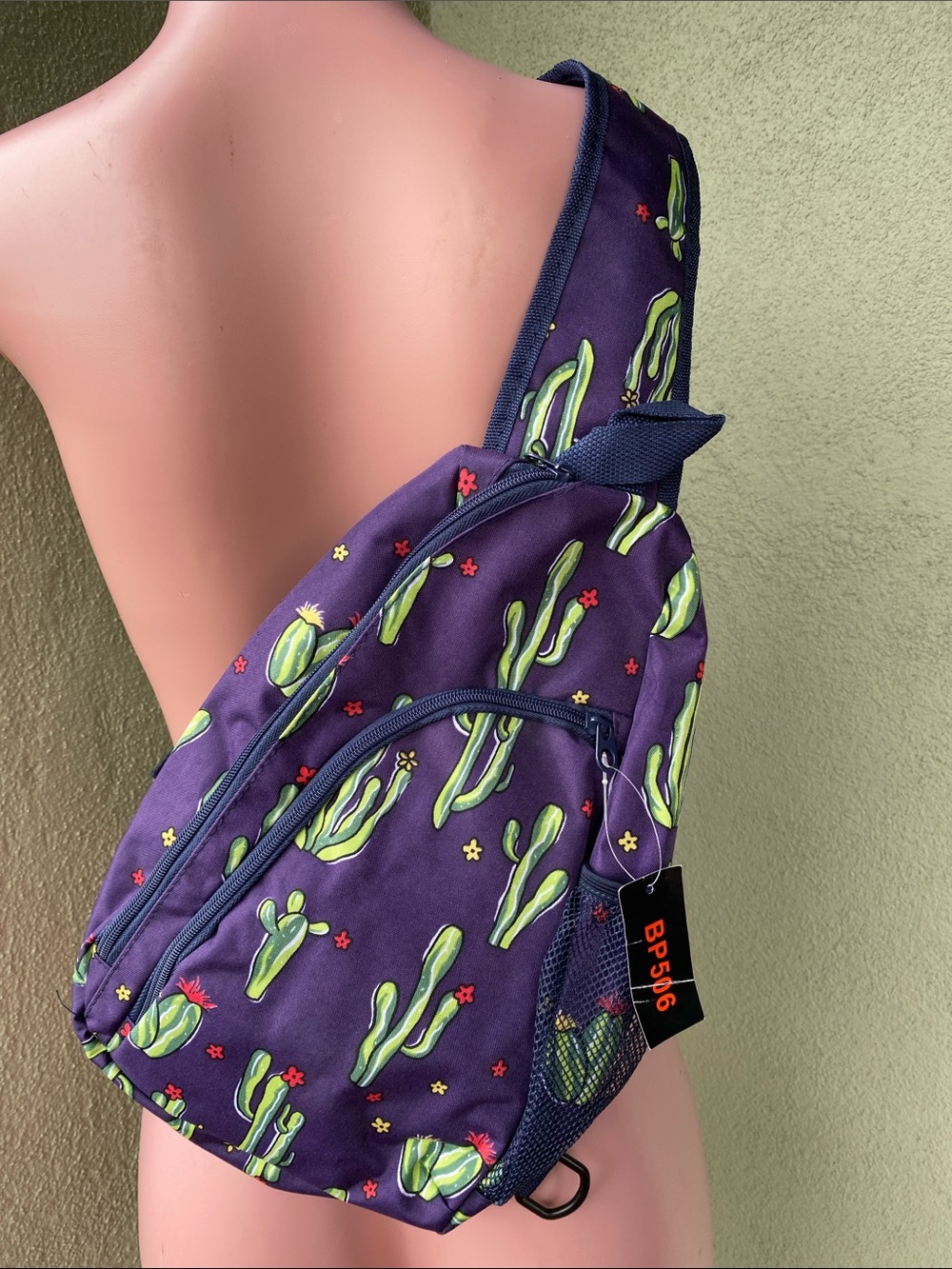 Purple Cactus Sling Bag with Navy Strap